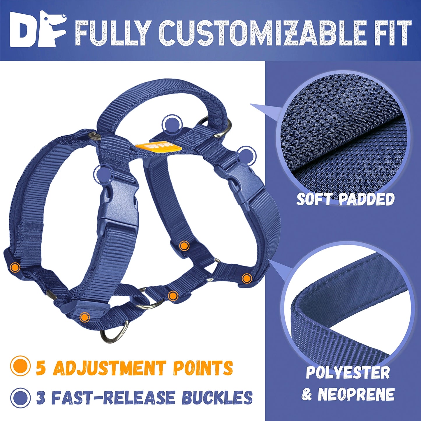 Martingale Harness & Double-Ended Leash Walk Kit - Navy Blue